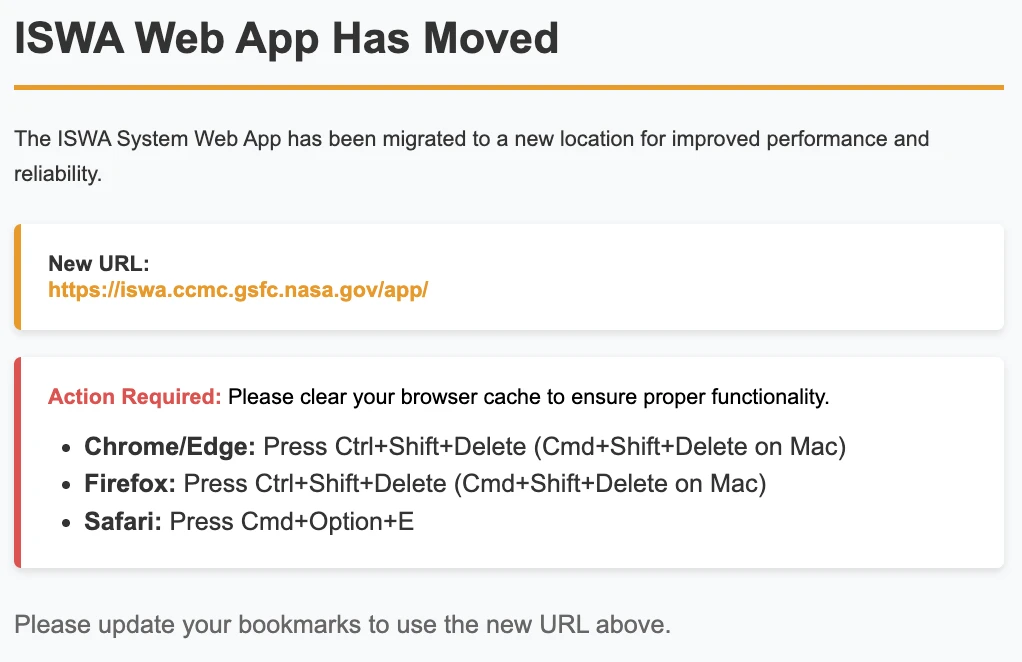 ISWA Web App has moved with Action Required items for clearing your browser cache.